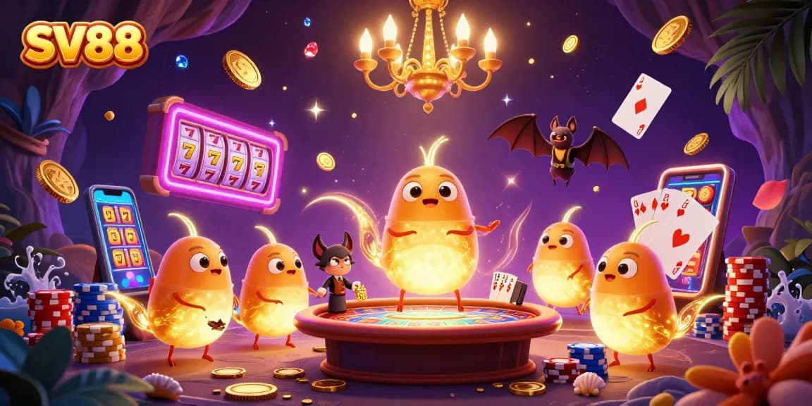 SV88 glimmers in a vibrant casino scene filled with bioluminescent glowworms lighting up a game table.