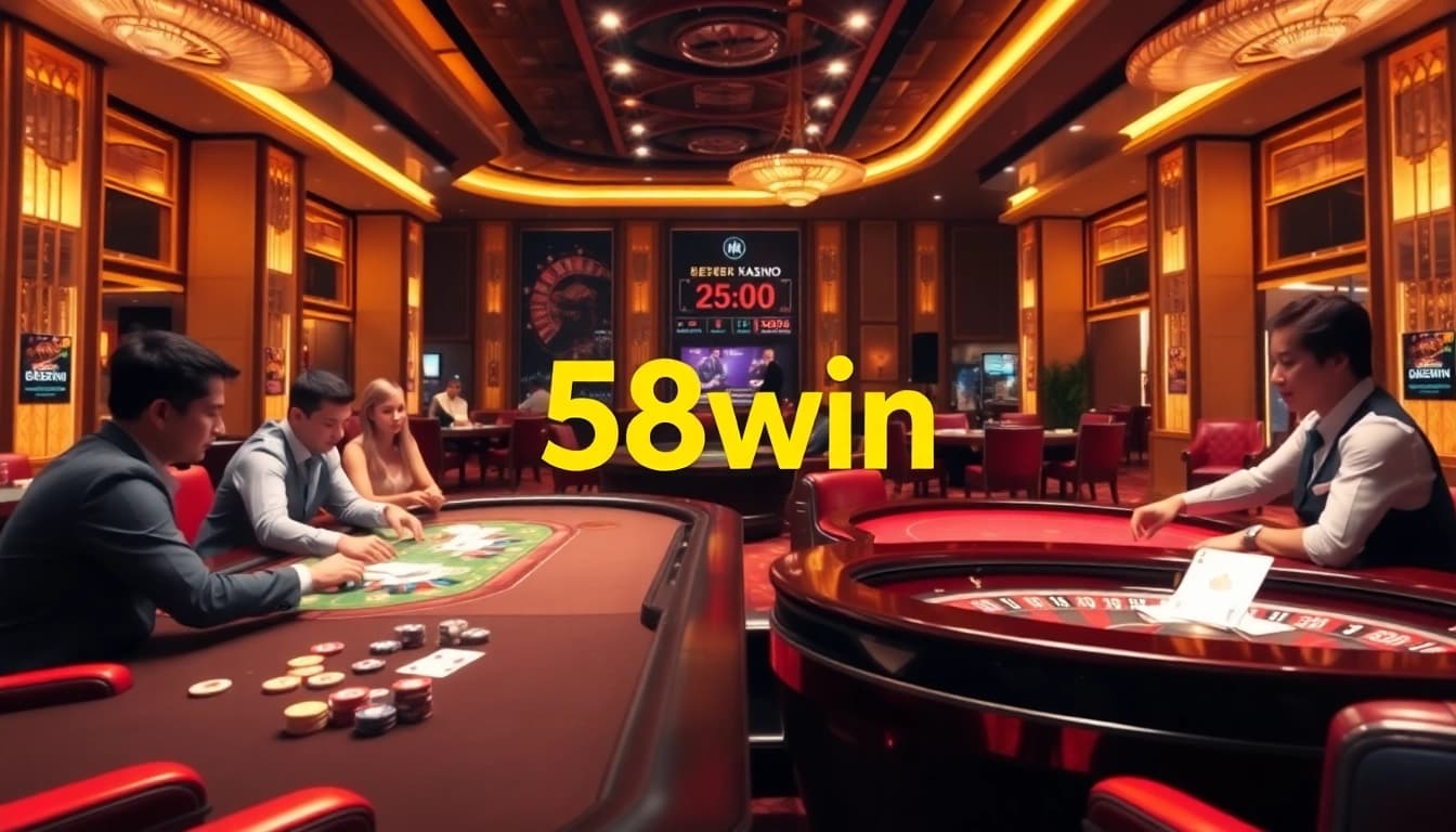 Players enjoying a thrilling game at 58win casino tables, featuring poker, blackjack, and roulette.