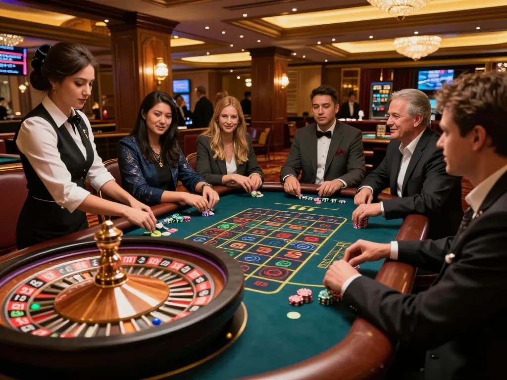 players enjoying roulette at sc88 casino, croupier spinning wheel amid vibrant atmosphere