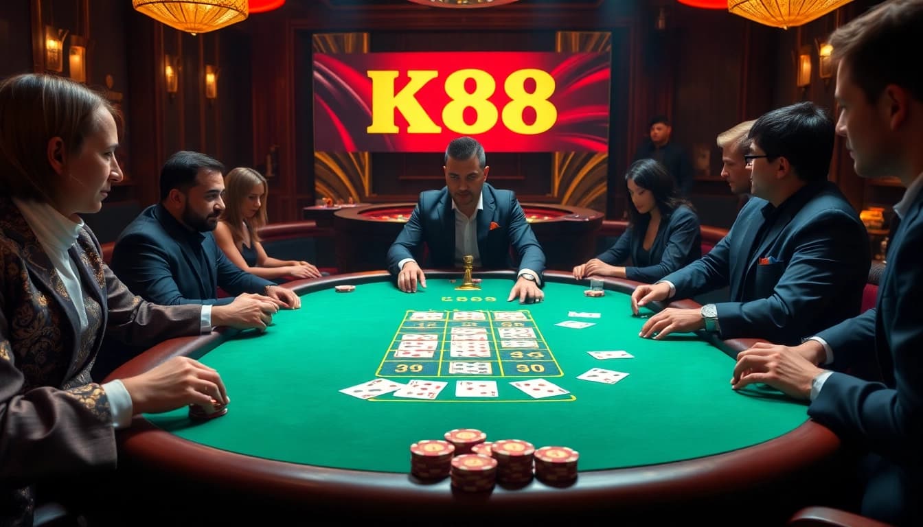 K88 casino players enjoying an exciting poker game at a luxurious table with vibrant colors.