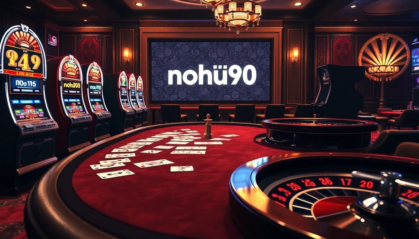 Nohu90's vibrant casino atmosphere with poker tables, slot machines, and roulette wheels.