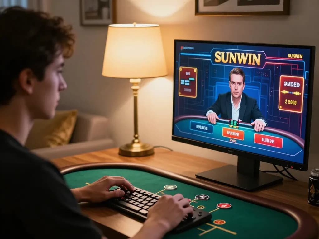SUNWIN player enjoying live dealer poker in a cozy home setup, showcasing strategic gameplay