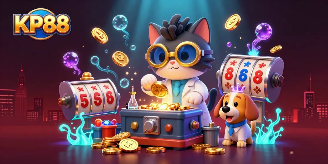 KP88 showcases a lively 3D casino scene with a mad scientist cat and dog, surrounded by gold coins and game elements.