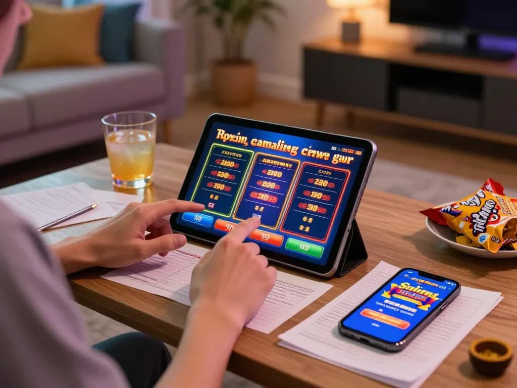 Player enjoying MU88 slot game on tablet with betting notes and strategies visible in a cozy home setting