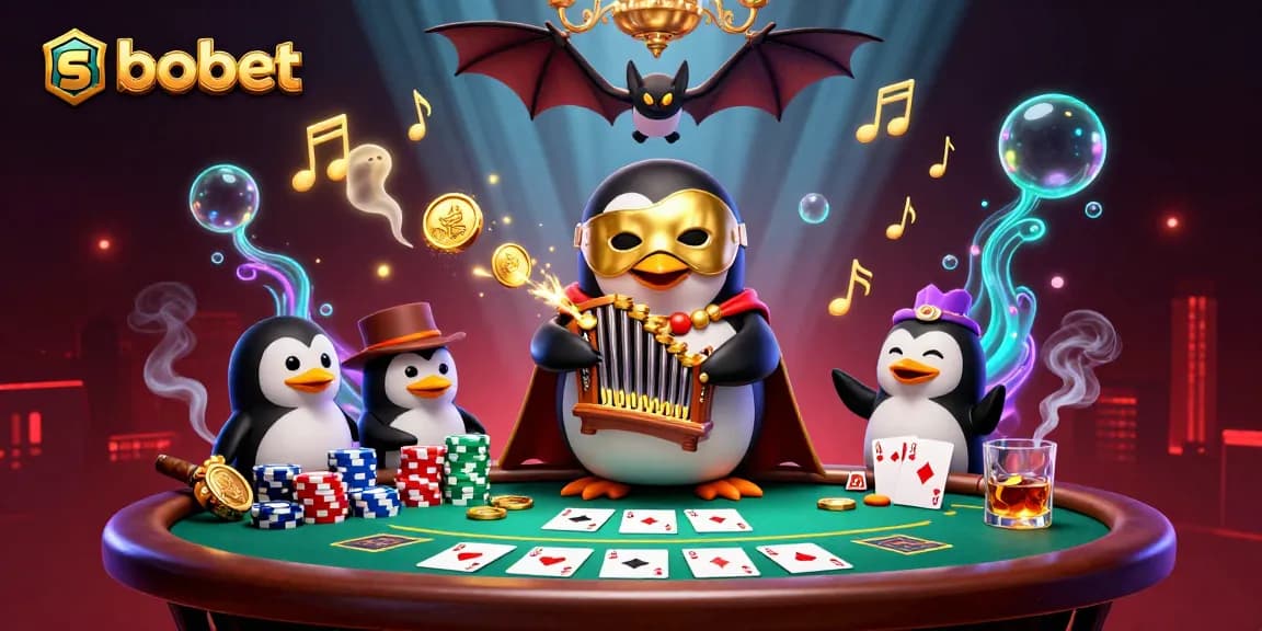 Experience sbobet action with a spirited penguin organist and a whimsical bat in a vibrant casino scene.