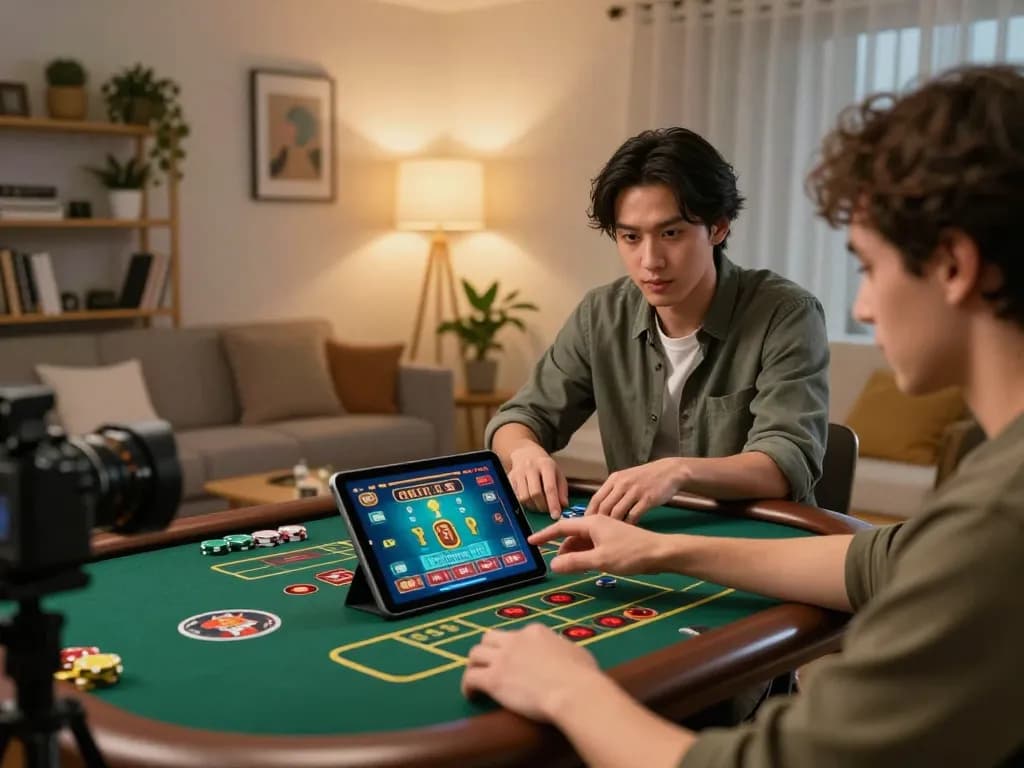 Player enjoying live dealer gaming on xo88 in a cozy home setting, focused and engaged.