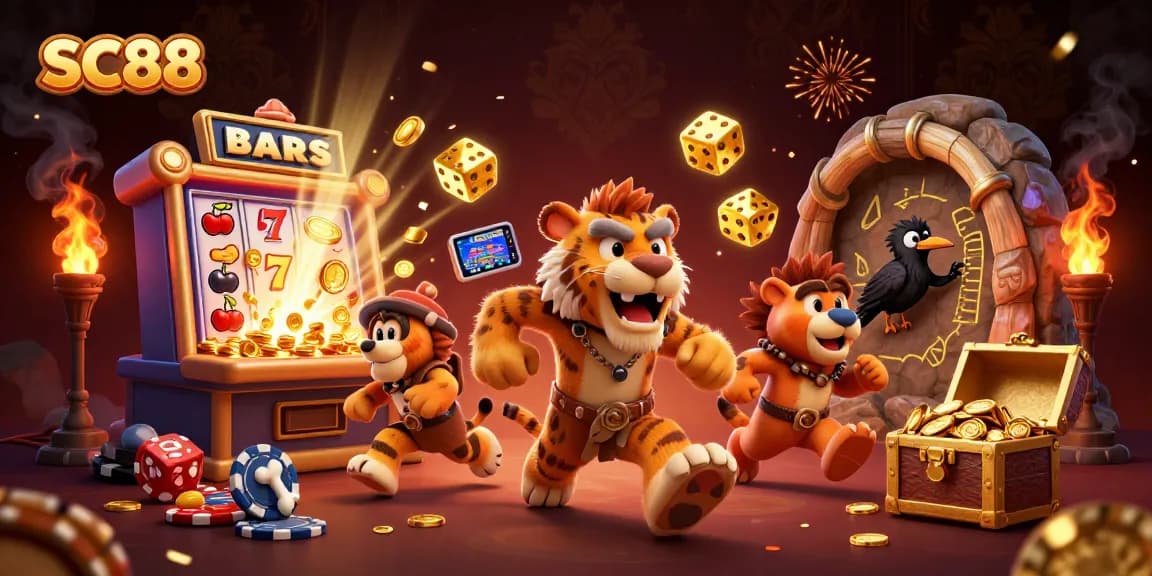 SC88 casino scene with a lively duo managing a prehistoric casino filled with engaging gaming elements.