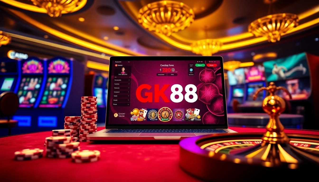 Engaging GK88 online gambling scene with poker chips and a roulette wheel.