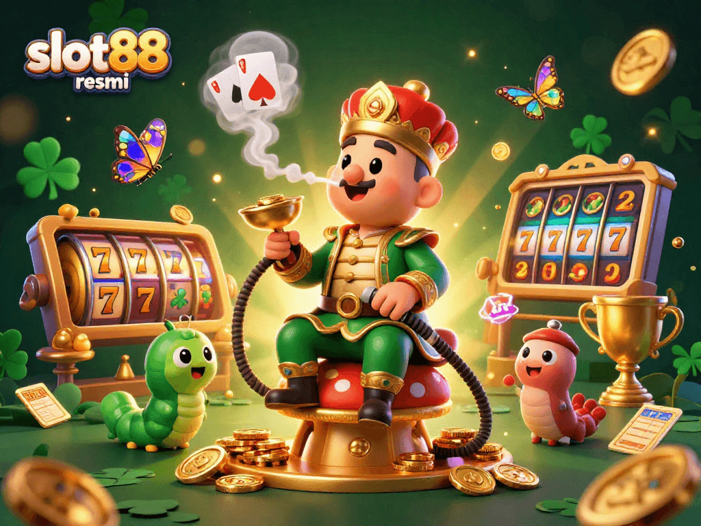 Engage with slot88 resmi action through a vibrant 3D casino illustration featuring animated slot reels and golden winnings.