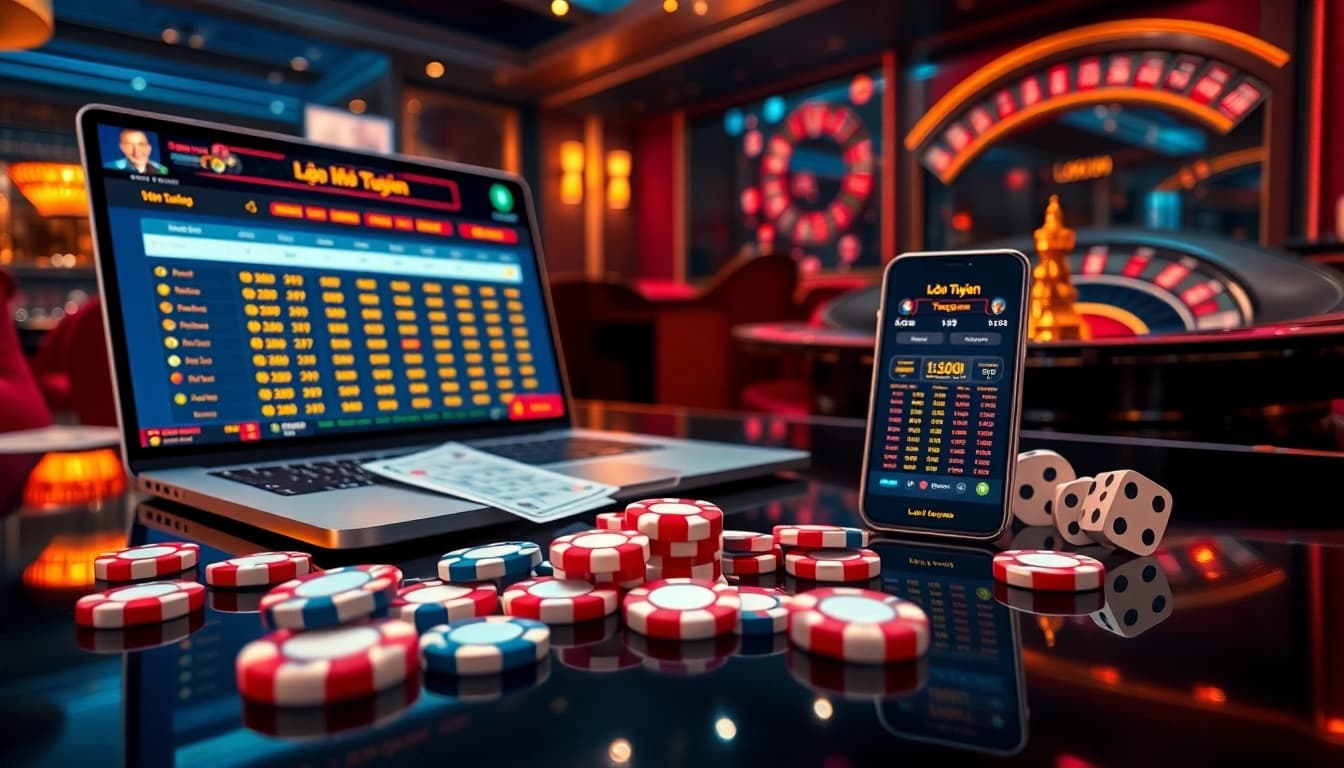 Lô đề trực tuyến platform displaying fast data updates with vibrant betting chips and digital lottery slips
