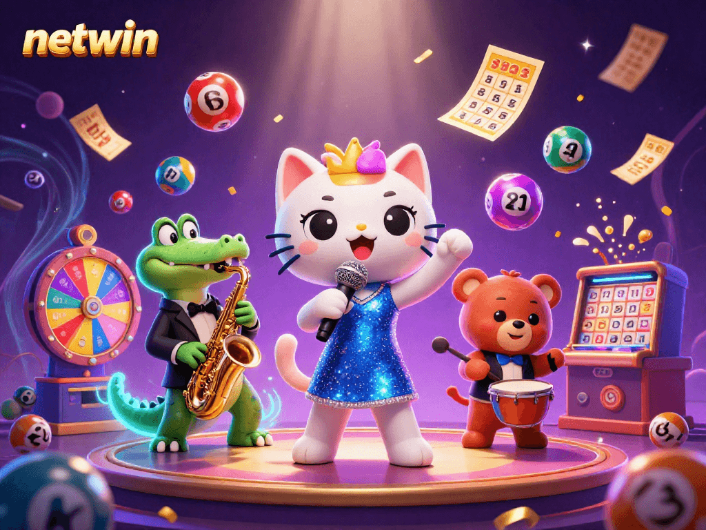 Experience the excitement of netwin with a lively casino scene featuring a jazz-singer cat and vibrant game elements.