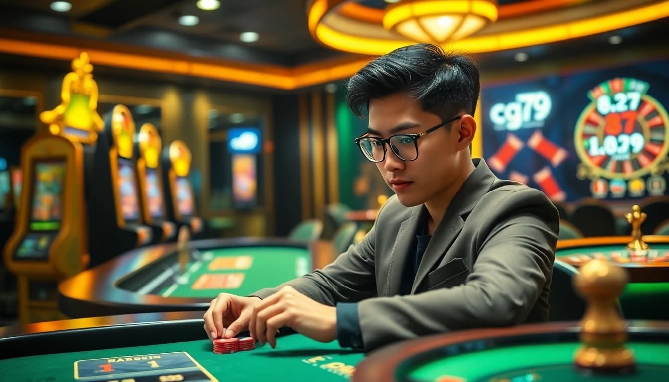 Tương tác với ứng dụng cg79 trong casino ảo sống động với các chip poker và máy đánh bạc.