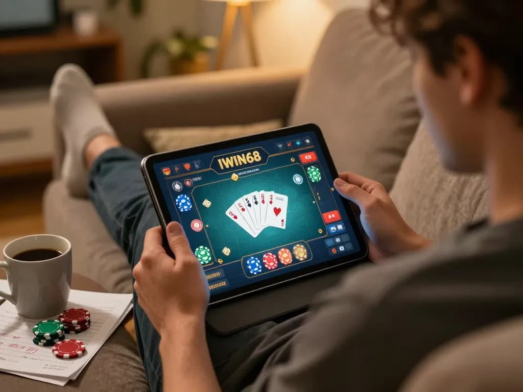IWIN68 player engaging in online casino gameplay on tablet with colorful game display and cozy atmosphere.