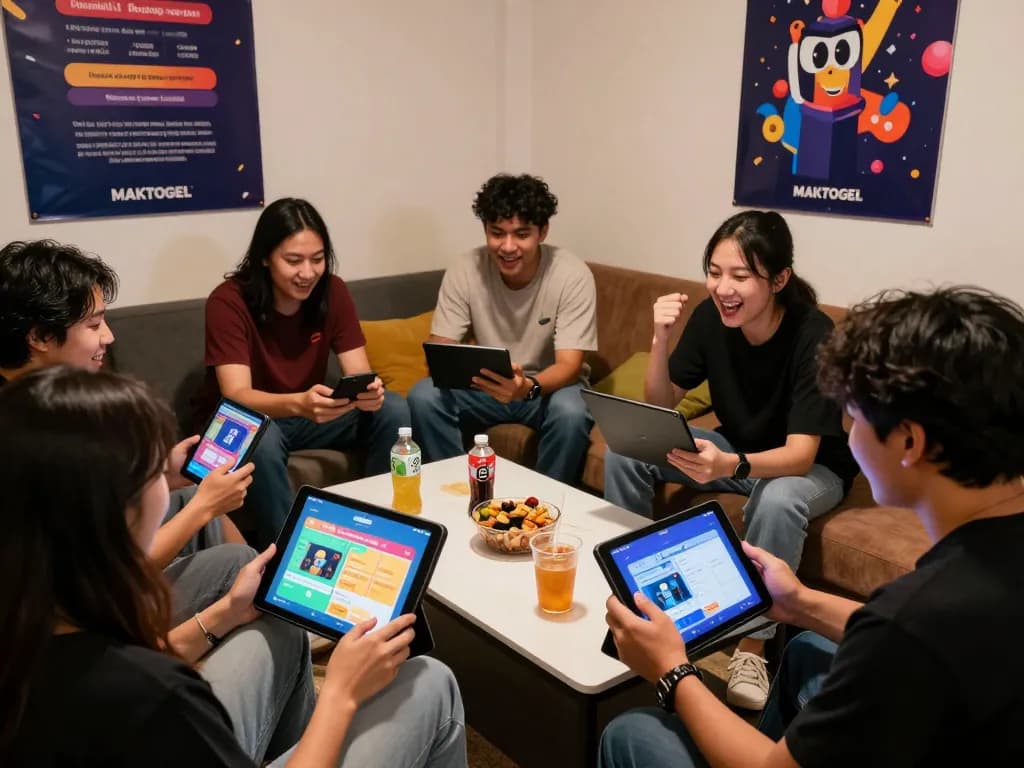Friends enjoying MAKTOGEL gaming experience with tablets in vibrant setting.