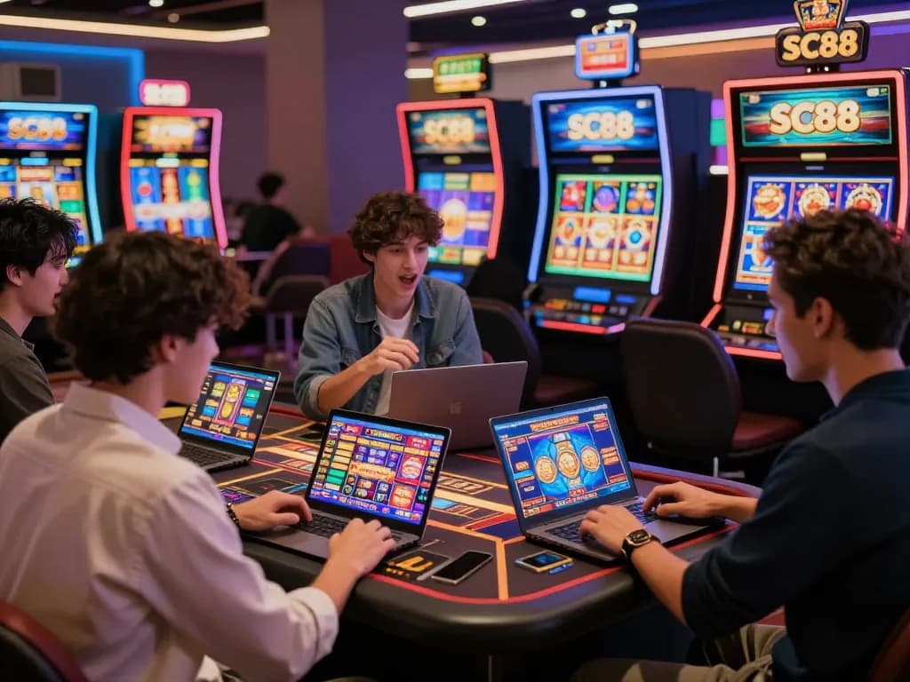 Engaged players enjoying SC88 online gaming on mobile and laptops in a vibrant digital casino.
