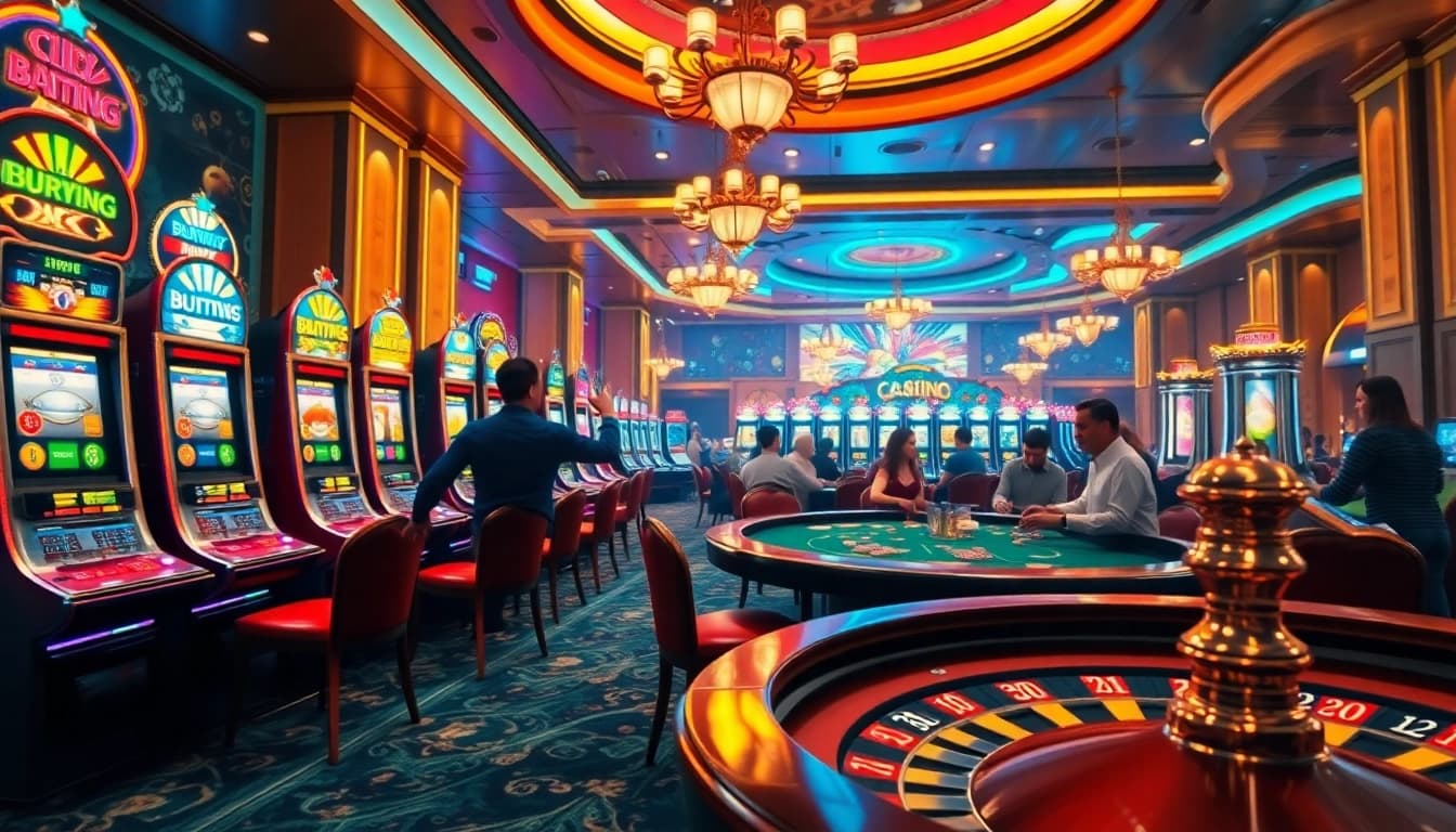 KTPJITU players celebrating big wins at engaging slot machines and poker tables in a vibrant casino atmosphere.