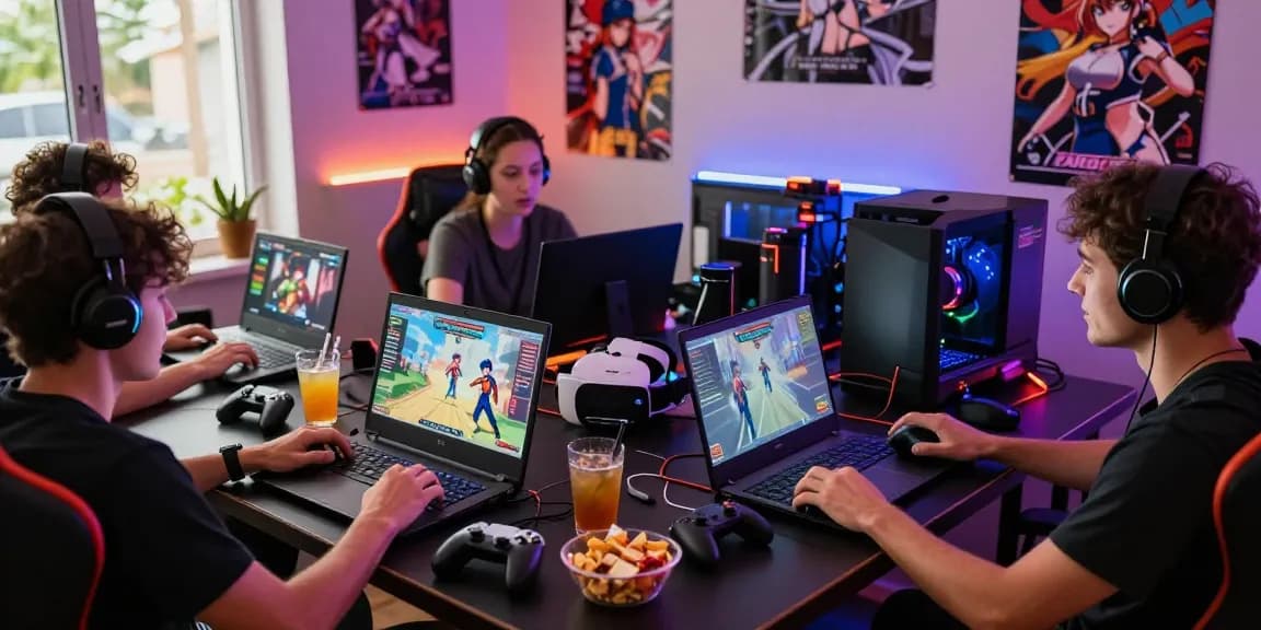 Group enjoying hentai games on various devices, vibrant gaming atmosphere with snacks and anime decor.