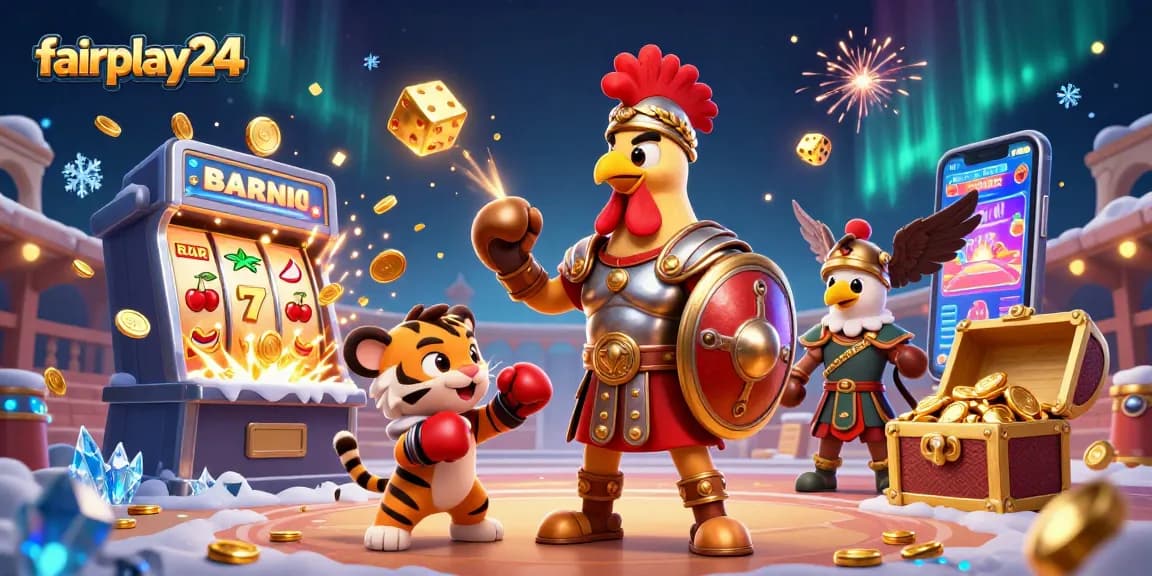 Experience thrilling gameplay with fairplay24's vibrant 3D illustration showcasing exciting casino elements and characters.