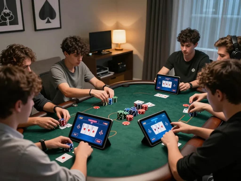 uu88 players placing strategic bets during an online poker game in a modern home office.