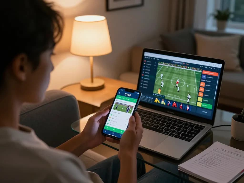 Engaged user exploring C168's sports betting app on smartphone in a cozy home setting