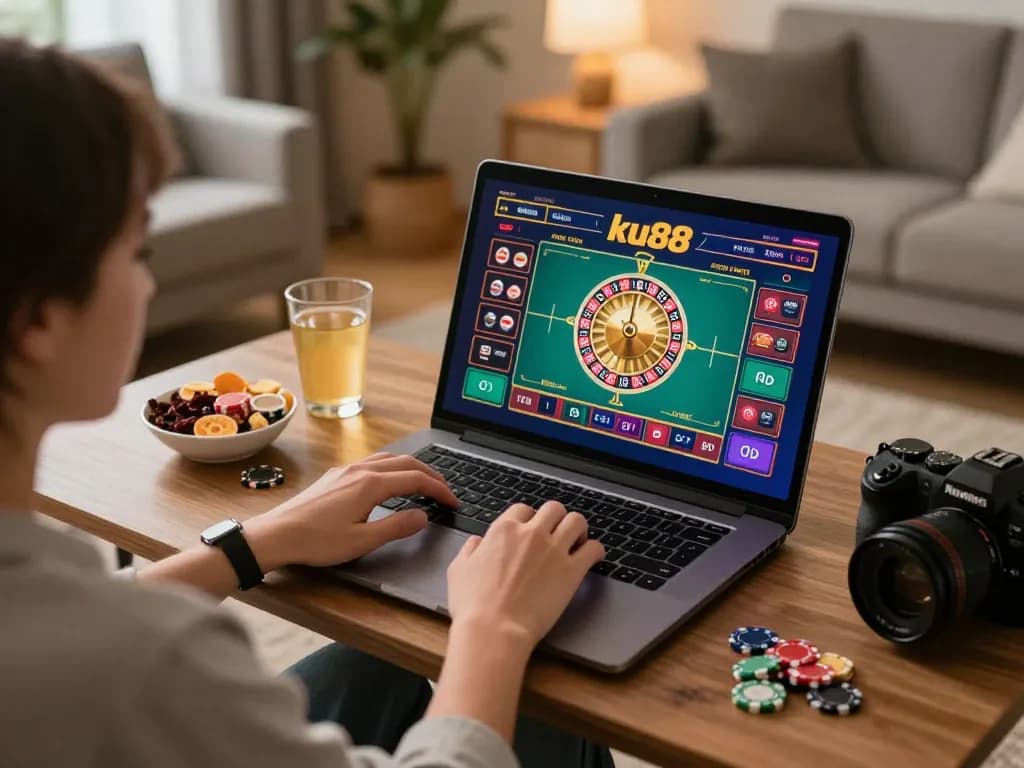 Player engaging in ku88 online casino gameplay on laptop at home, showcasing roulette game and cozy setup.