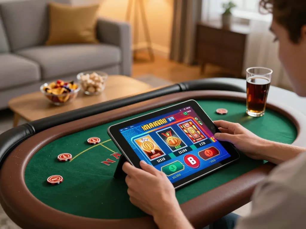 Engaging in online gaming at 98win, a user interacts with a tablet showcasing poker games