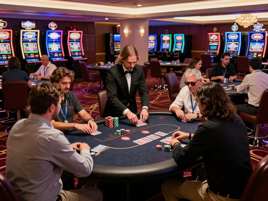 Players engage in intense poker action at FABET's elegant casino tables, showcasing luxury and strategy.