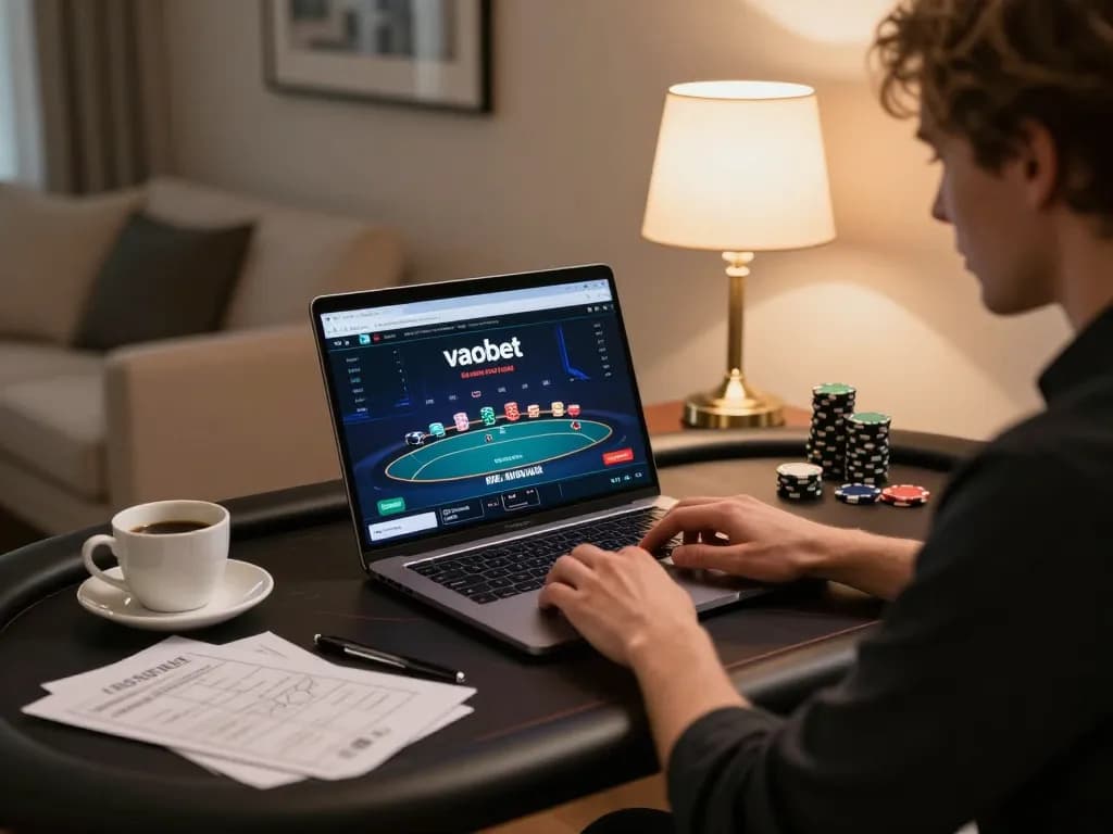 Experience vaobet gaming on a sleek laptop, capturing exciting poker action in a cozy home setup.