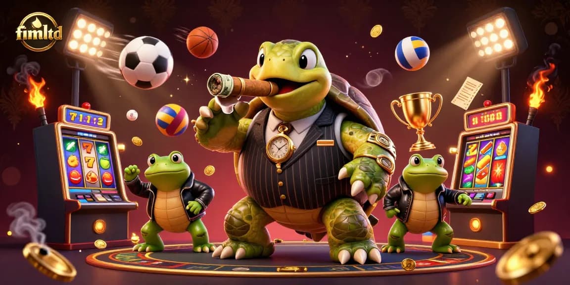 Experience the vibrant world of fimltd with a snapping turtle mobster surrounded by rich casino imagery.