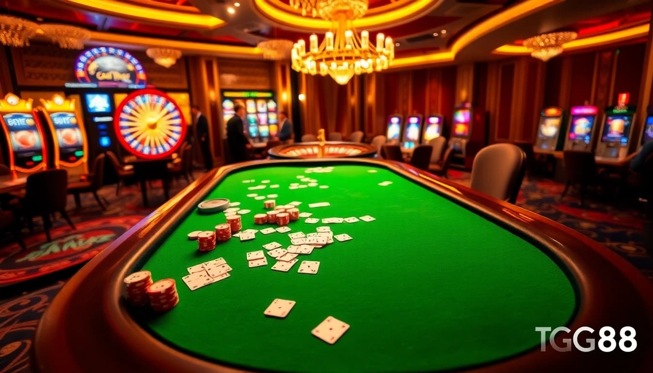 Players engaging in high-stakes poker at a luxurious casino table, featuring TG88 casino elements.