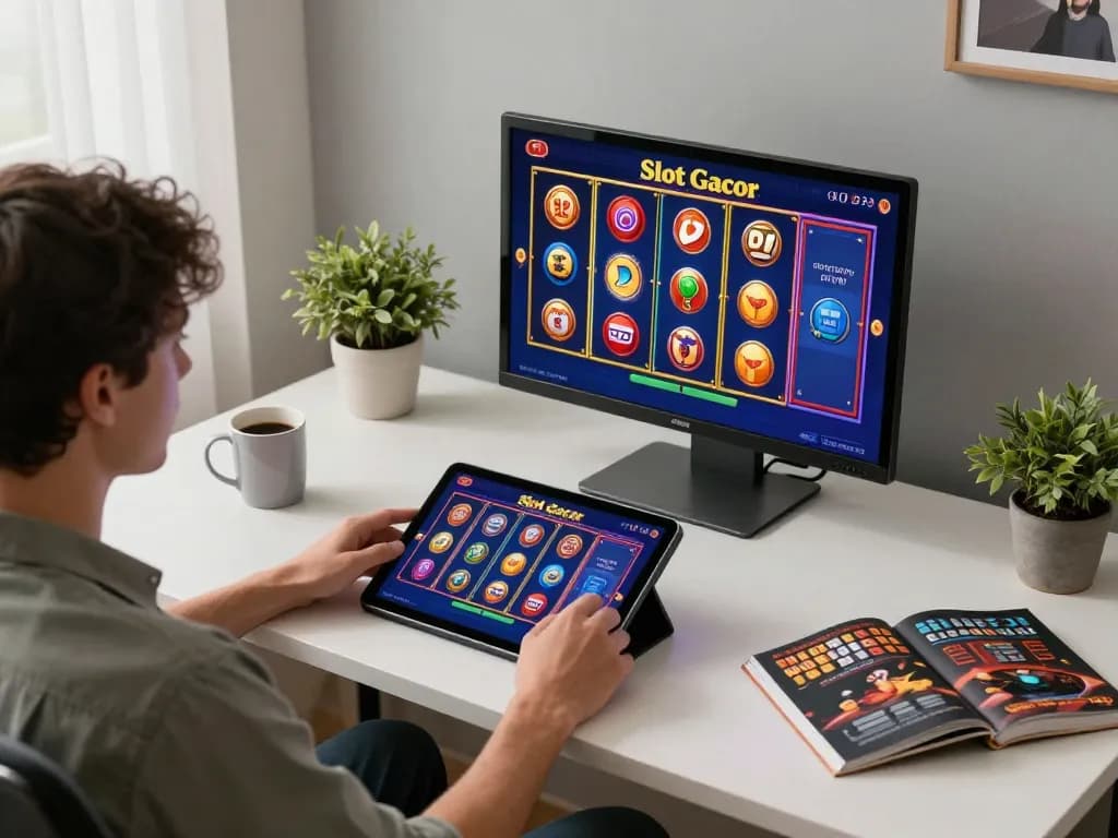 Player engaging with Slot Gacor game on tablet in modern home office setting, illustrating online casino experience.