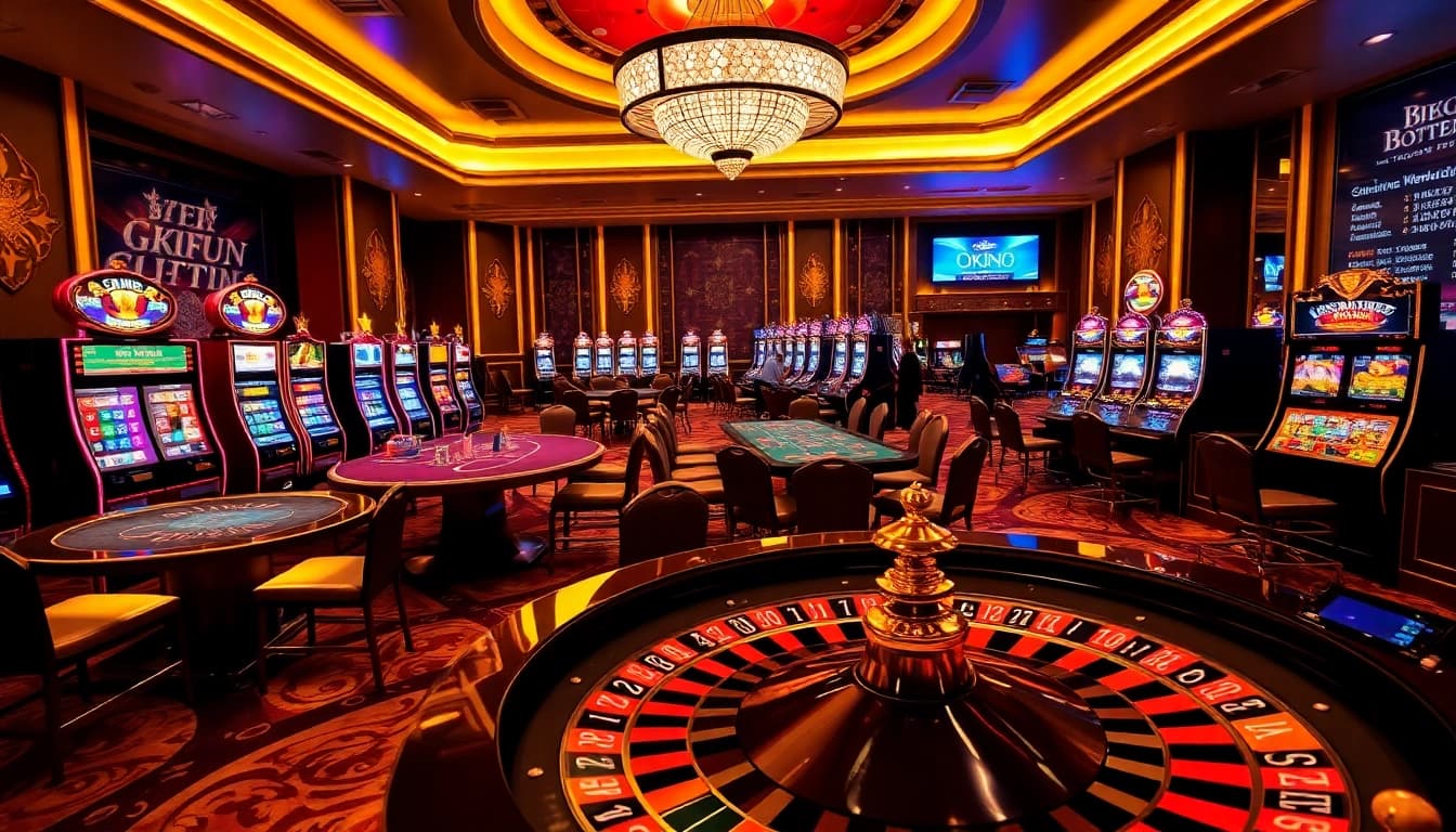 Experience thrilling casino gameplay at OKFUN with tables, chips, and a roulette wheel.