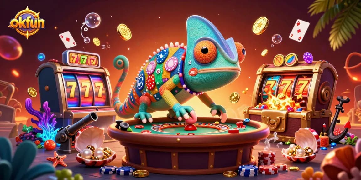 Engage with okfun's vibrant casino scene showcasing dynamic slot reels and a playful chameleon owner