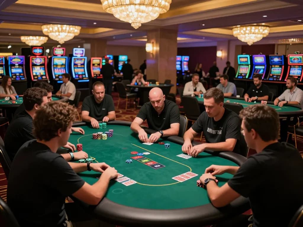 Players engaged in a thrilling poker game at 11-hd casino, showcasing strategic betting and luxury atmosphere.