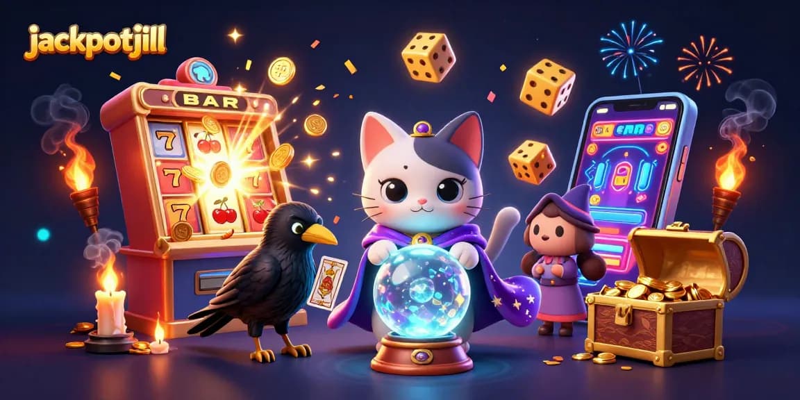 Experience the vibrant jackpotjill casino scene with mystical characters, dynamic slot elements, and glowing treasures.