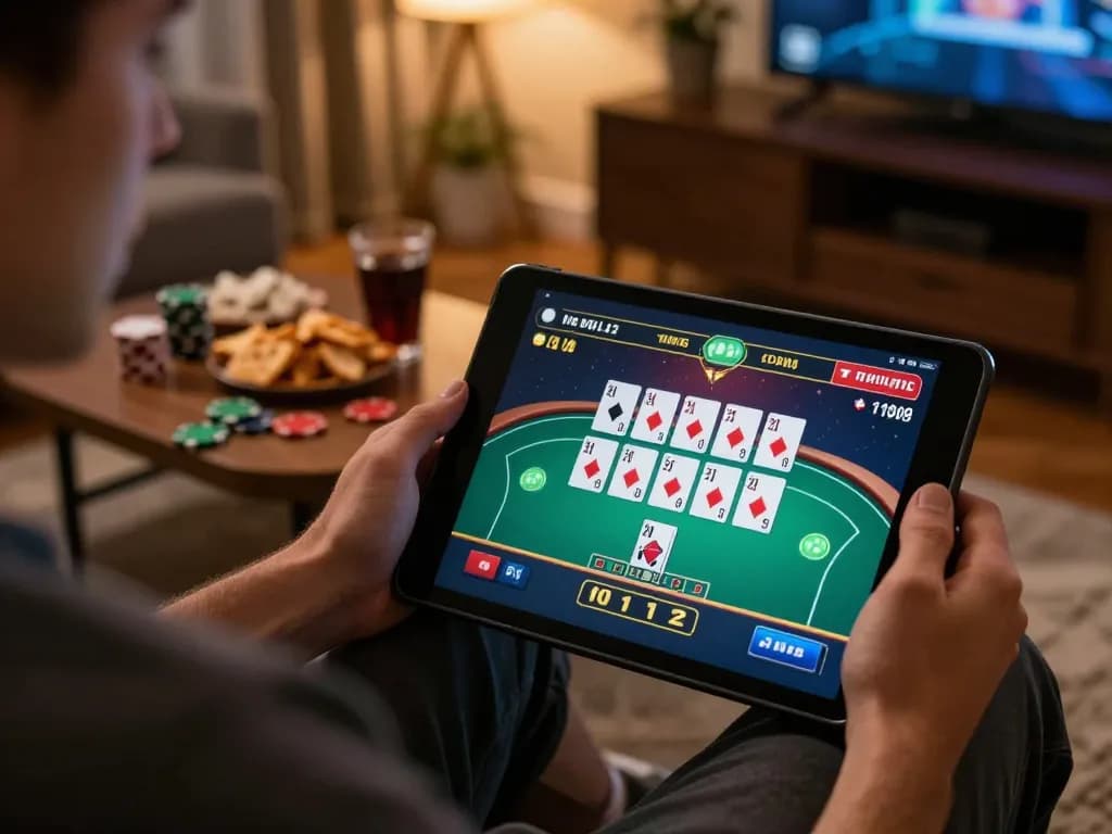 tg88 player enjoying online poker session on tablet in cozy home setting