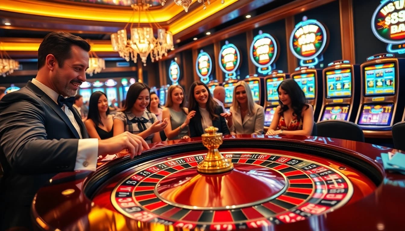 Experience the thrill of phwin at a luxurious casino table with players engaging in high-stakes betting.