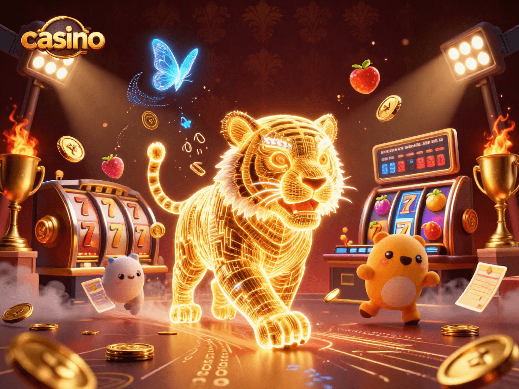 Engage with a vibrant casino experience featuring a neon tiger, slot reels, and floating golden elements.