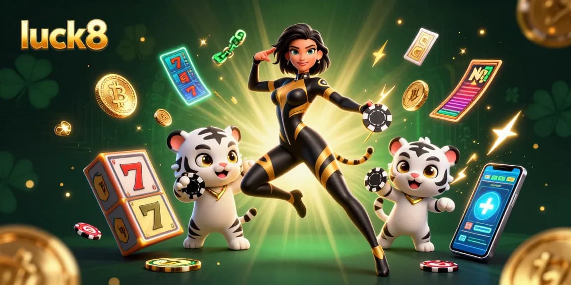 Experience thrilling jackpot wins at luck8 with vibrant slot reels, a playful baby tiger, and shining cryptocurrency.