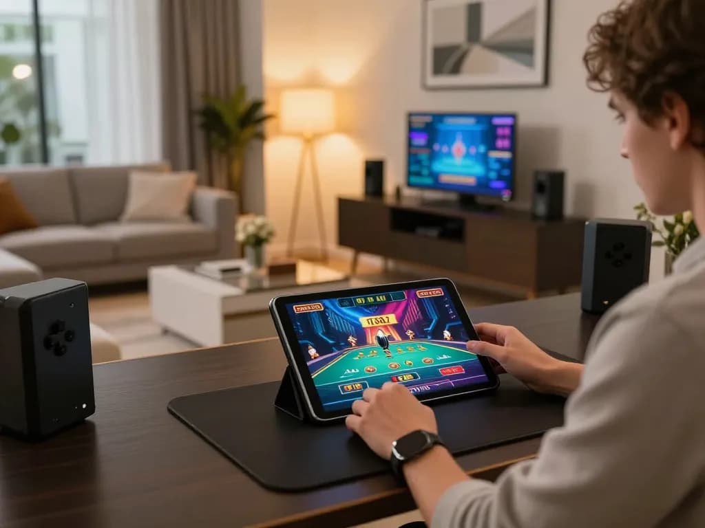 F8BET player strategizing on a tablet for online casino gaming at home