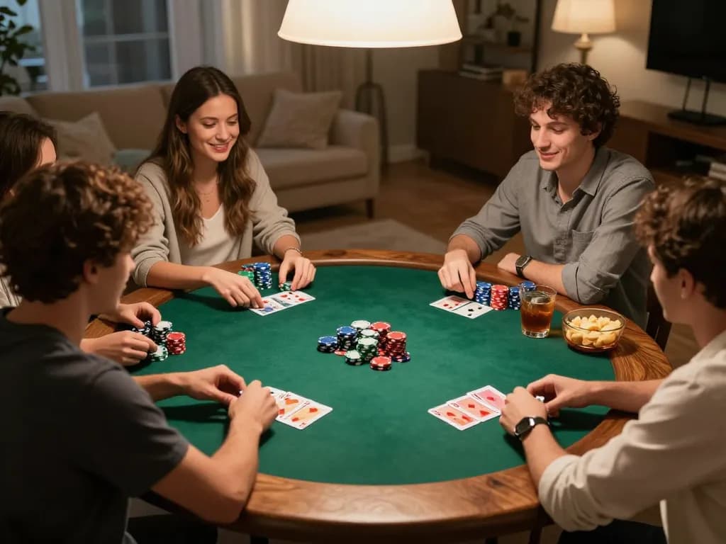 UU88 players engaging in a friendly poker game at home, highlighting strategy and social bonding.