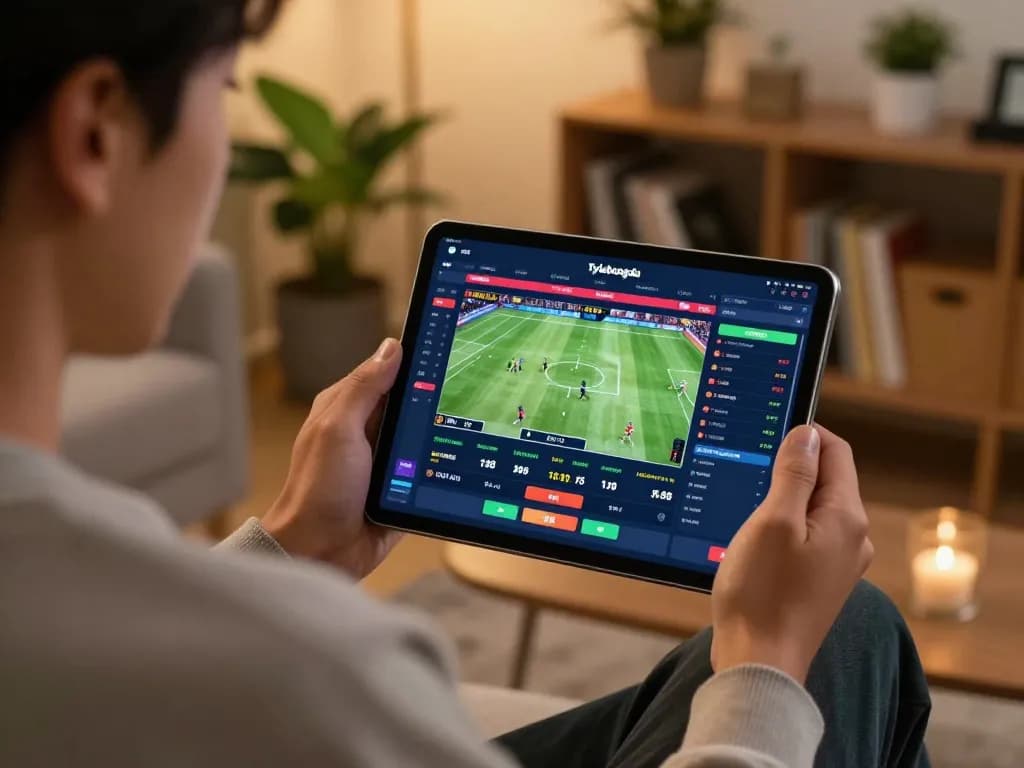 Engaging in sports betting with the latest tylebongda odds displayed on a tablet in a cozy home setting