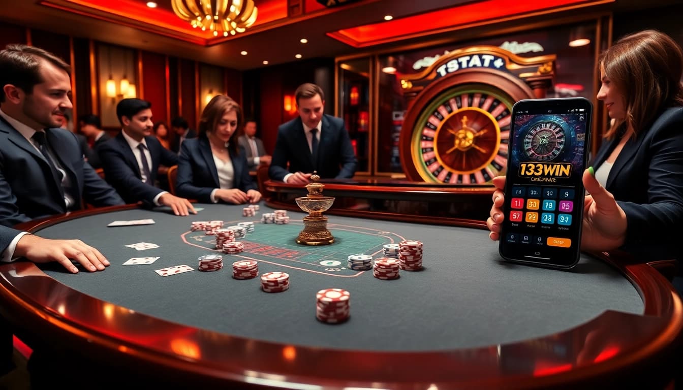 Excited players engaging at the poker table in a luxurious 13Win casino atmosphere.