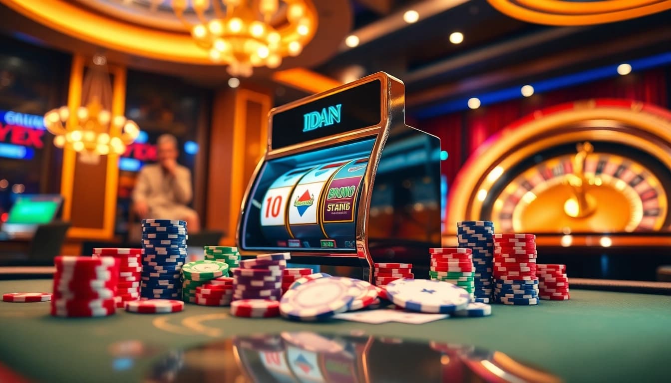 IDN slot machine surrounded by colorful poker chips and playing cards in an inviting casino scene.