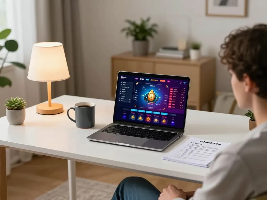 Person enjoying online gaming at home, exploring non uk casinos and strategic betting.