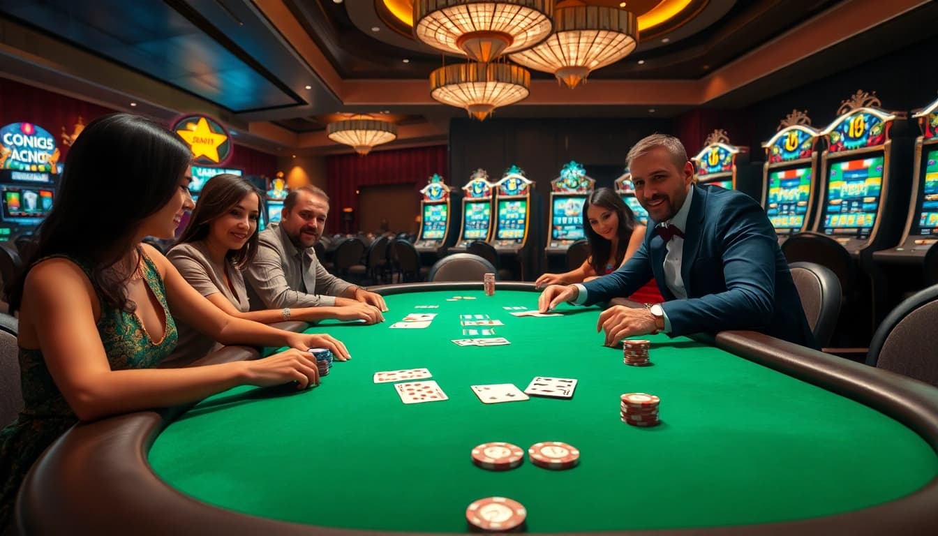 Players experiencing excitement at a Rikvip poker game in an elegant casino setting, showcasing luxury and thrill.