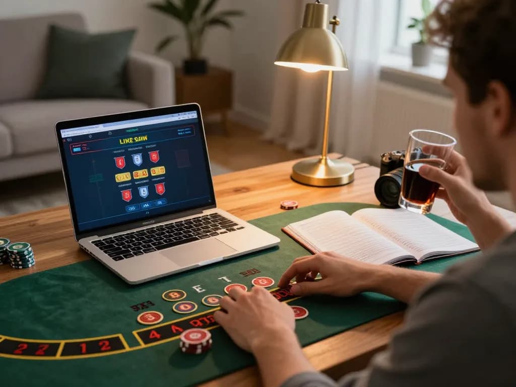Player enjoying an engaging ko66 live blackjack game on a laptop at home, focusing on strategic bets
