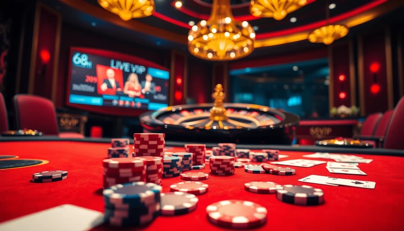 Experience the excitement of 68VIP with a luxury casino table featuring poker chips and cards.