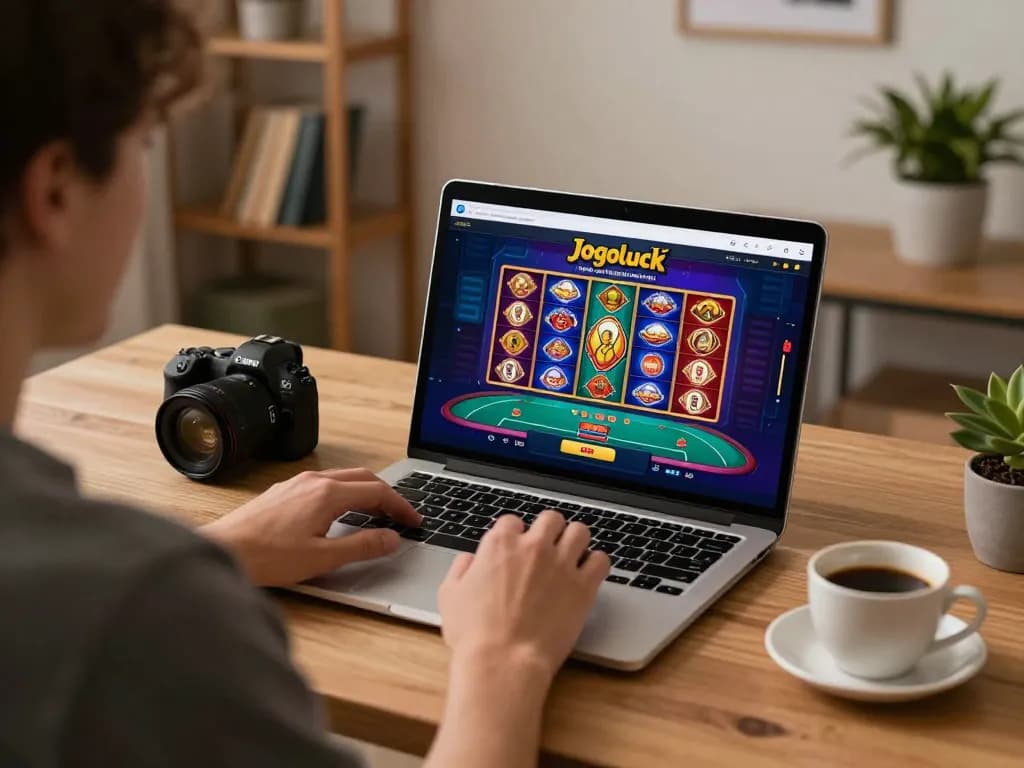 Person engaging with the Jogoluck online casino interface on a laptop amidst a cozy home setting.