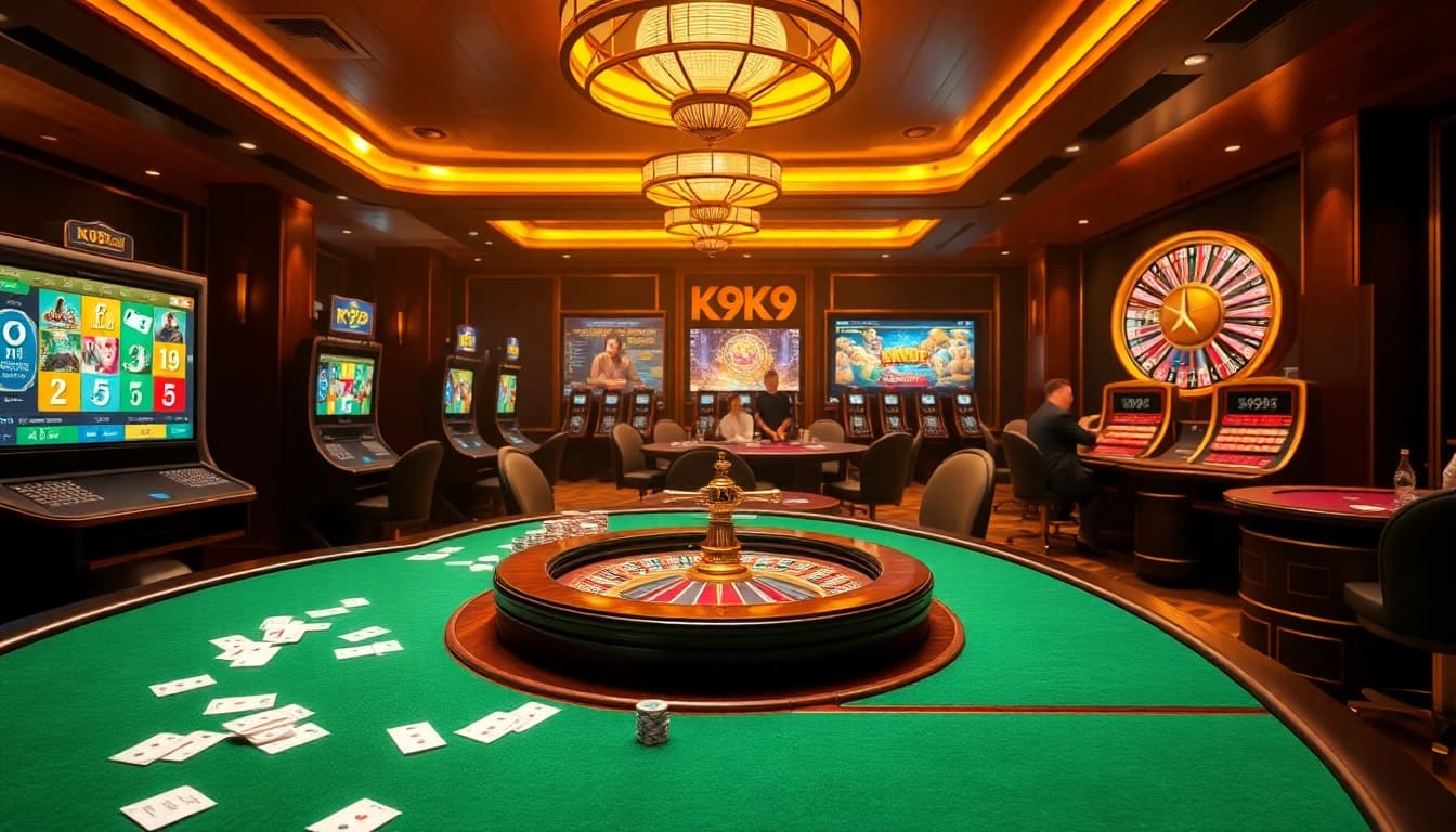 K9K9 attracts players with immersive casino visuals including vibrant slot machines and engaging poker tables.
